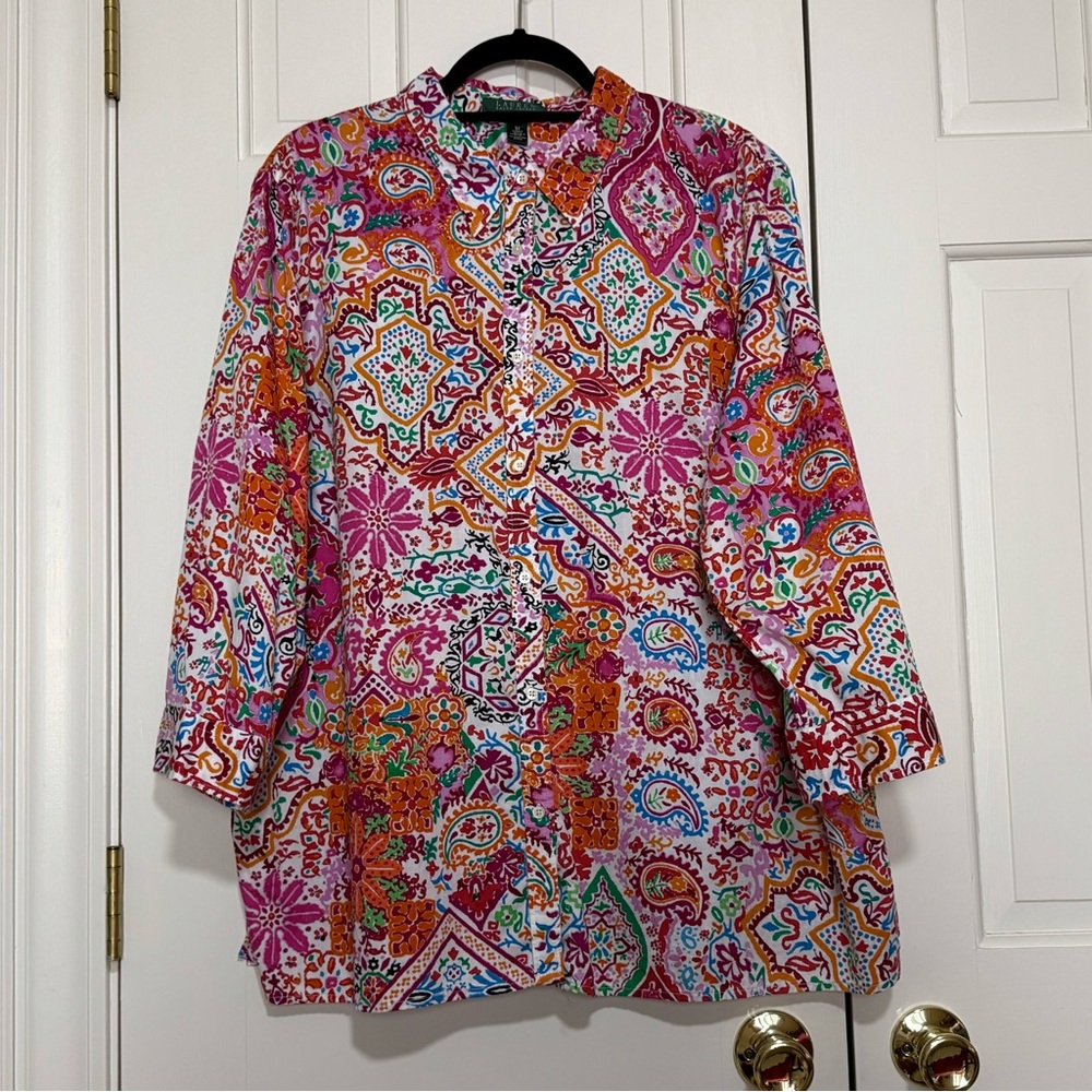 Ralph Lauren Multicolor Paisley 3/4 Sleeve Cotton Blouse Size 3X